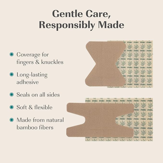 FEBU PFAS Free Bamboo Fingertip Bandages, 30 Count Knuckle & Finger | Eco-Friendly, Flexible Fabric Wound Dressing, Fully Compostable, Latex Free