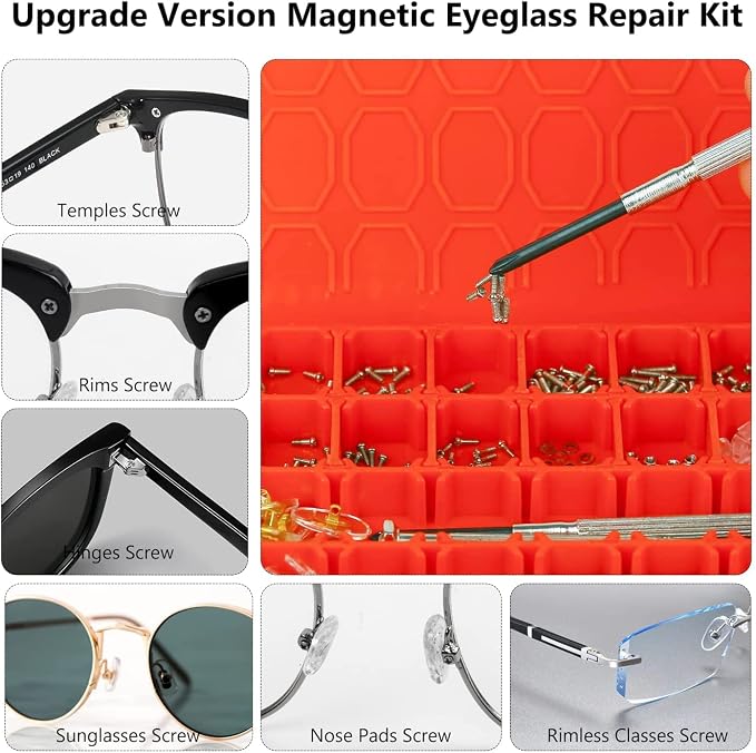 Magnetic Eye Glass Repairing Kit, Sunglasses Eyeglass Repair Kit with Eyeglass Screws，Include 10 Pairs of Screw-in Nose Pads, Screws, Screwdrivers, Tweezer and Cleaning Cloth for Glasses