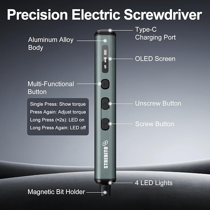 STREBITO Electric Screwdriver, 67 in 1 Electric Precision Screwdriver Set | 50 S2 Preicison Bits, 5 Torque Settings, 4 LED Lights, Cordless Screwdriver Repair Tool Kit for PC Building Electronics