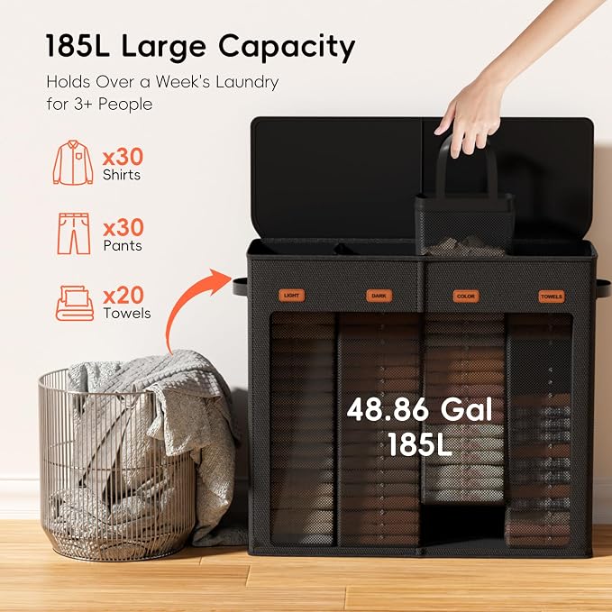 185L Laundry Hamper 4 Section with Lid | 4 Removable Bags + 1 Extra Large Bag, Switchable 3/4 Compartment, Laundry Basket Organizer for Bedroom, Laundry Room