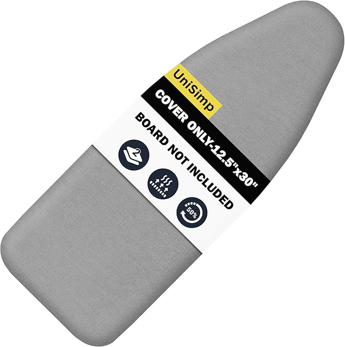 UniSimp Small Ironing Board Cover and Pad 12.5"x30" Small Iron Board Cover with Padding,Tabletop Mini Ironing Board Cover and Pad Small Size, Cotton Canvas, Heat Resistant, Drawstring Gray