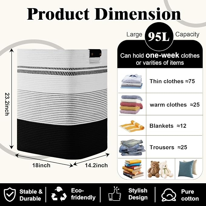 Laundry Hamper, 95L Tall Laundry Basket with Leather Handles, Rectangle Large Clothes Hamper for Organizing, Cotton Woven Laundry Baskets Storage Hampers for Bedroom, Nursery, Living Room