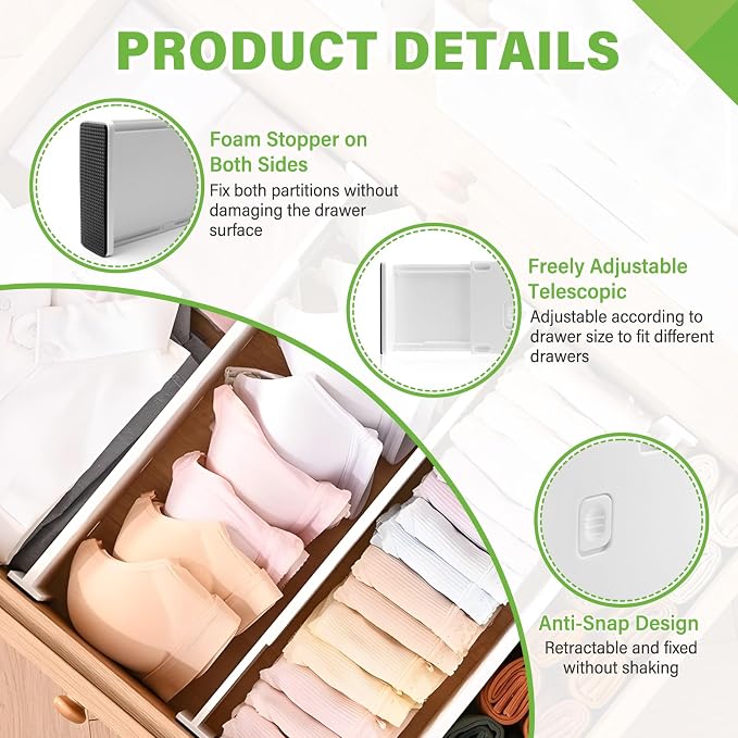 5 Pack Drawer Dividers 3.2" High Slim Organizers Expandable 10.8-17.9" Adjustable Separators for Shallow Drawers Kitchen Utensils Baby Clothes Underwear Storage-White