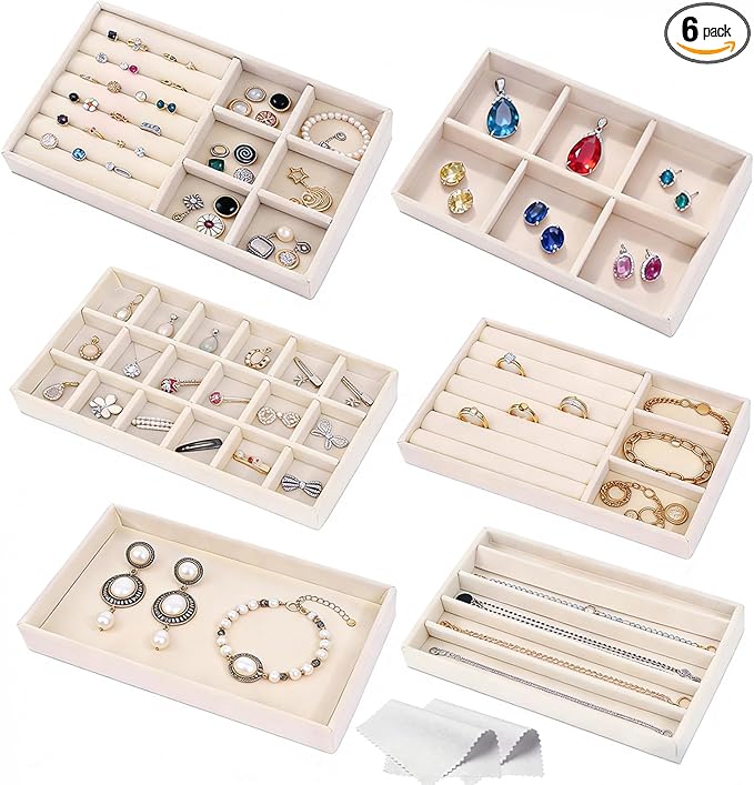 6-Piece Velvet Jewelry Organizer for Drawer with Removable Dividers | Stackable Jewelry Trays, Drawer Organizer Inserts Set with 2 Cleaning Cloths for Women Dresser Vanity