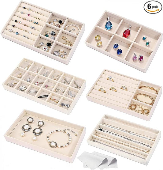 6-Piece Velvet Jewelry Organizer for Drawer with Removable Dividers | Stackable Jewelry Trays, Drawer Organizer Inserts Set with 2 Cleaning Cloths for Women Dresser Vanity