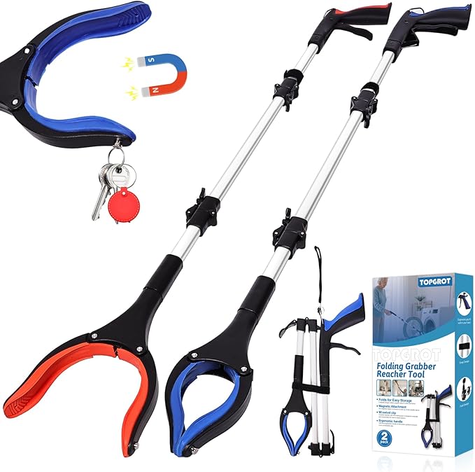 36" Grabber Reacher Tool for Seniors 2 Pack, Foldable Reacher Grabbers Pickup Stick with Anti-Slip 90°Rotating Jaw, 4" Wide Extended Claw with Magnet for Disabled, After Surgery Recovery