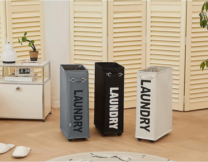 DOKEHOM 25" Slim Rolling Laundry Basket Hamper, Narrow on Wheels, Black | Collapsible narrow laundry hamper with mesh drawstring closure. Foldable corner clothes storage bin for small spaces