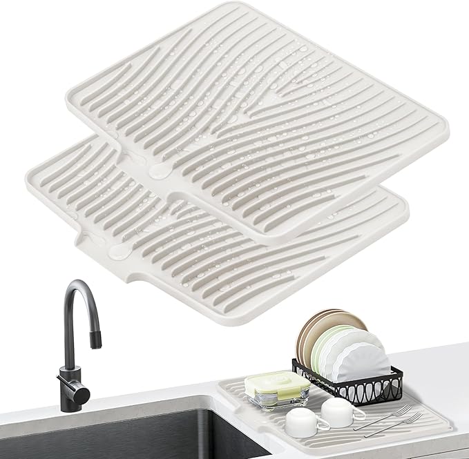 TIKNIK Silicone Dish Drying Mat for Kitchen Counter - Heat Resistant & Non-Slip Dish Drain Pad with Built-In Drain, Dishwasher Safe, Quick-Dry, Hangable & Roll-Up for Storage, Cream-2pcs, 16" x 12"