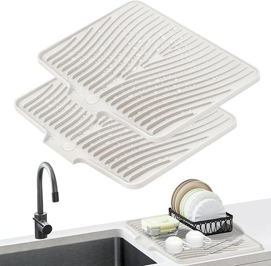 TIKNIK Silicone Dish Drying Mat for Kitchen Counter - Heat Resistant & Non-Slip Dish Drain Pad with Built-In Drain, Dishwasher Safe, Quick-Dry, Hangable & Roll-Up for Storage, Cream-2pcs, 16" x 12"