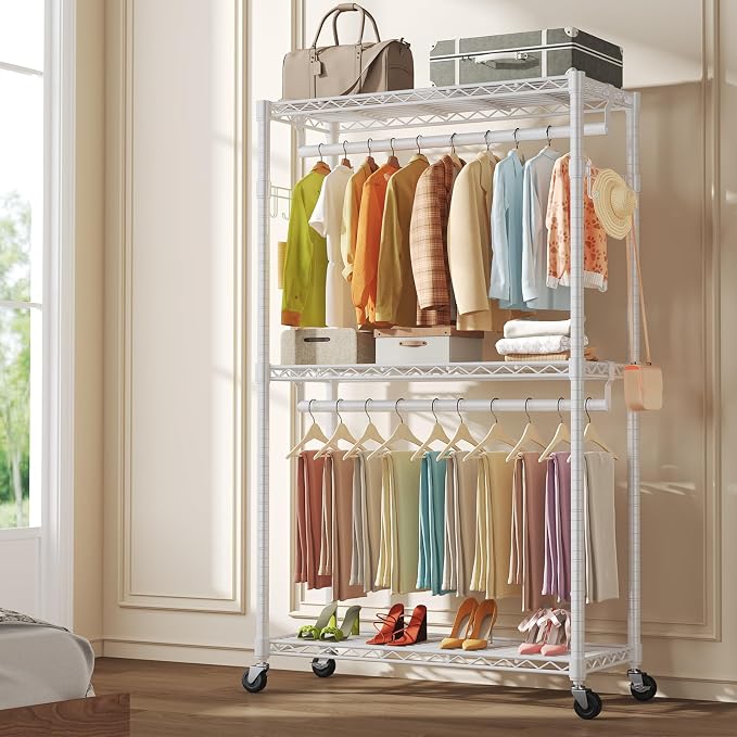NEWBULIG Heavy Duty Clothing Rack with Wheels, 3-Tier Adjustable Wire Garment Rack, Metal Freestanding Closet Organizer System with Double Hanging Rods & 8 Side Hooks, 47"x17"x80", White
