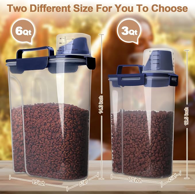 TIOVERY Dog Food Storage Container, 5-7 Lbs Airtight Pet Food Container, Cat Food Container Dispenser with Portable Handle, Pouring Spout and 4 Seal Buckles for Dogs Cats 2 Pack Blue