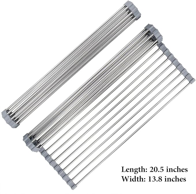 Hhyn Roll Up Dish Drying Rack 20.5"(L) x 13.8"(W) - Stainless Steel and Silicone Dish Drying Mat Over The Sink Foldable Drain Rack Multipurpose Dish Drainer Extra Large, Gray