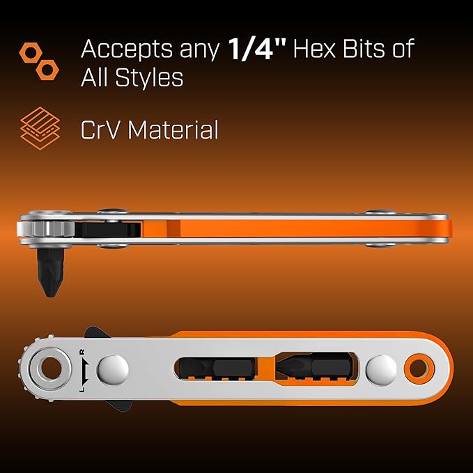 Bates- Mini Ratchet Wrench, 1/4" Magnetic 90 Degree Screwdriver, Orange, Low Profile Right Angle Screwdriver for Tight Spaces