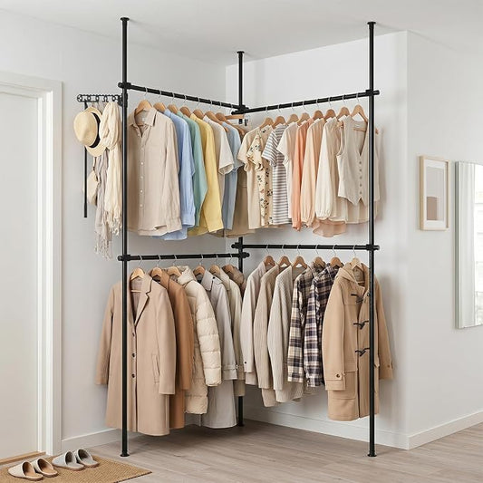 Giantex Floor to Ceiling Clothes Rack, Heavy Duty DIY Garment Rack 4 Rods | Tension Pole Closet System w/ Folding Drying Rack, Reacher Pole, Metal Garment Organizer for Bedroom, Laundry Room, Closet