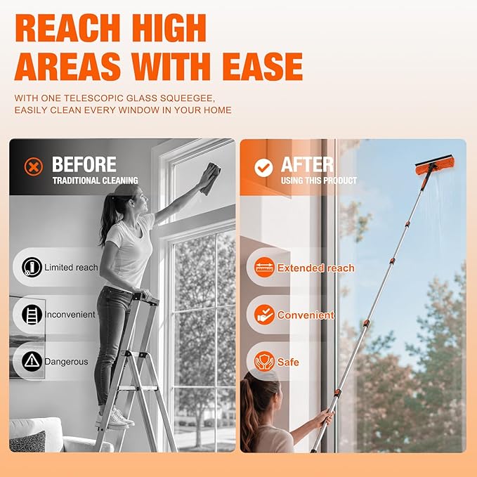 LAANPOLE 36FT Window Squeegee with Extension Pole, 2-in-1 Squeegee for Window Cleaning, Professional Cleaning Kit for Home with 30FT Telescoping Pole for Outdoor Indoor Use
