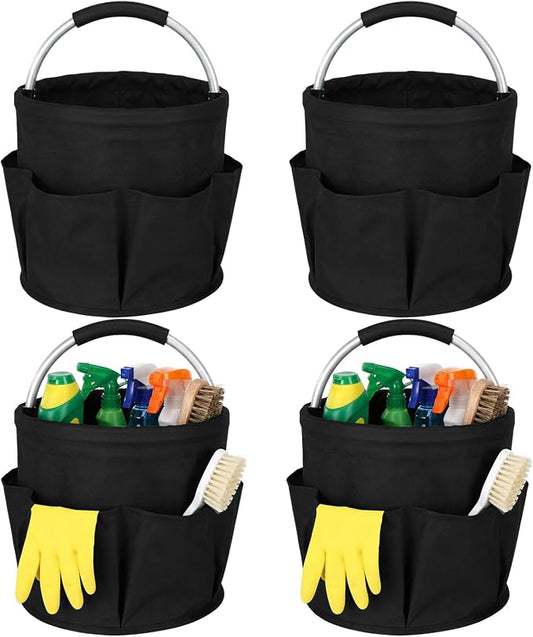 LemonRoad 4 Pack Cleaning Caddy with Handle 17L Foldable Cleaning Supplies Organizer Oxford Cloth Storage Basket with 6 Pockets & Soft Grip Portable Multi Bucket Bag for Home, Garden (Black)