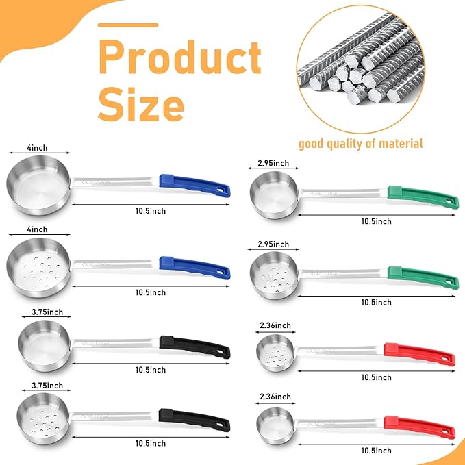 Teenyyou 8 Pcs Portion Control Serving Spoons Portion Scoops Cups Solid and Slotted Stainless Steel Ladle Spoon for Food, Serving Utensils Set for Parties(4 Colors,4 Sizes)