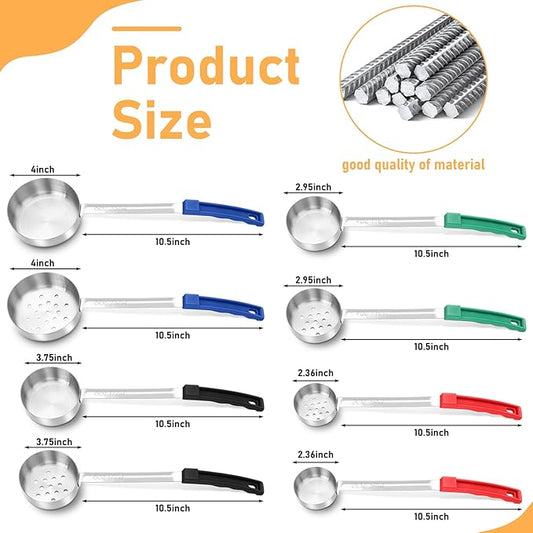 Teenyyou 16 Pcs Portion Control Serving Spoons, Restaurant Measuring Serving Ladle Utensils, Portion Control Slotted Scoops for Weight Loss, Solid and Perforated Scoops(4 Colors,4 Sizes)