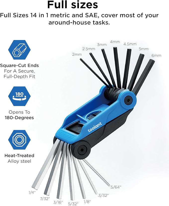 Kraftek toolant 14PCS Folding Allen Wrenches Sets, Metric Allen Key Set 2mm- 6mm, SAE Hex Key Set 5/64”- 1/4", CRV Steel EDC Tool for Bike Repair & Home,Compact Foldable Hex Key Set for Men