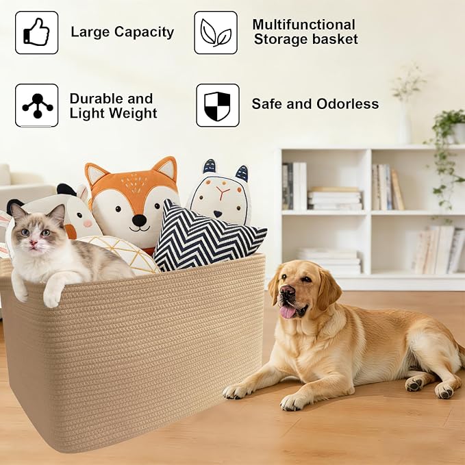 65L Large Laundry Basket with Handles,Woven Blanket Basket,Jute | 21"×16"×12" Collapsible Cotton Rope Storage Basket for Toys Clothes & Pillows, Nursery, Bathroom, Bedroom, Living Room