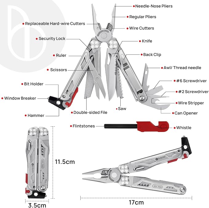 BIBURY 22-in-1 Multitool Pliers With Fire Starter & Whistle, BI2038B | Pocket Knife, Window Breaker, Self-Locking, EDC Multi Tool with Back Clip & Sheath, For Survival Camping Hiking