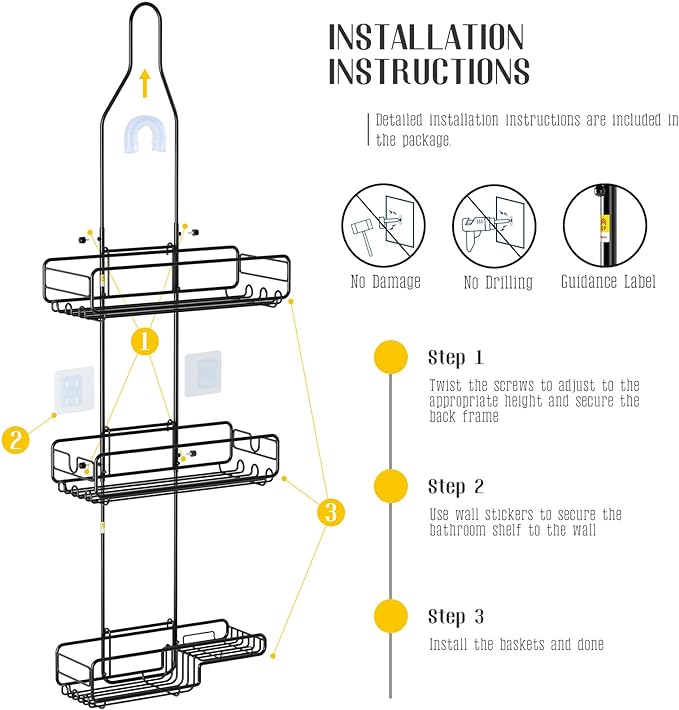 Shower Caddy Hanging Bathroom Organizer: Over Head Adjustable Rack for Tall Showerhead - Extra Large Storage Shelf for Big Shampoo Bottles with Soap Holder