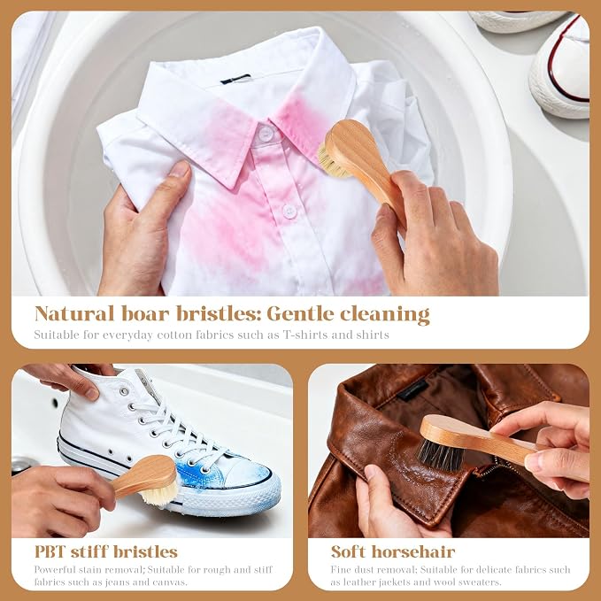 3 Pcs Wooden Laundry Stain Brush Stain Remover Dauber Brushes with Round Head Boar Bristle Small Stain Brush for Clothes for Scrubbing Stains from Furniture Fabric Leather(Style A)