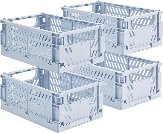 HUUSMOT 4-Pack Collapsible Plastic Storage Baskets, Blue, 9.8"x6.5"x3.8" | Pastel, Space-Saving, Collapsible Plastic Bins, Cute Mini Storage Crates, for Classroom, Kitchen, Office, Bedroom