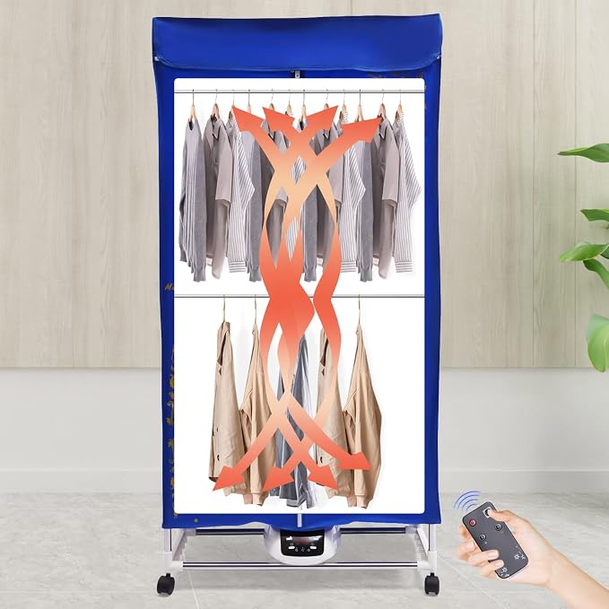 Portable Clothes Dryer 1200-1500W Electric Clothes Drying with Remote Control, Folding Wardrobe Drying Machine for Home, Dormitory, Hotel, Timing Function, 3 Gears Adjustment