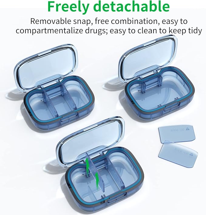 2 Pack 3 Compartment Small Pill Box, Moisture Proof Case, Travel Organizer for Pocket Purse, Daily Portable Medicine Vitamin Container, Fish Oil and Supplement Storage