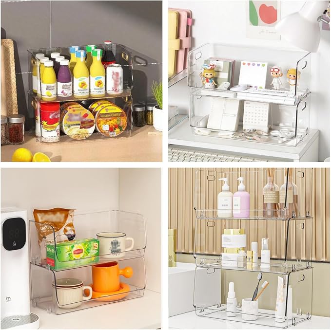 Nicunom 2 Pack Stackable Plastic Storage Bins Open Front, Clear Pantry Organizer Bin Household Food Storage Bin for Kitchen Countertops Cabinet Shelf Fridge