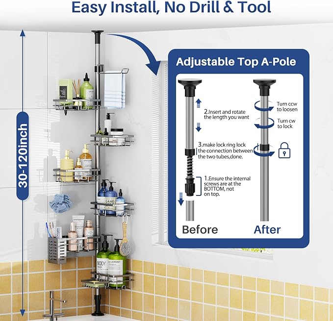 Corner Shower Caddy Organizer Tension Pole, Adjustable 6 Shower Shelves Corner Shelf 30-120Inch Rustproof Shower Rack for Inside Shower, Extra Towel Bar Soap Dish Bathroom Organizers and Storage Gray