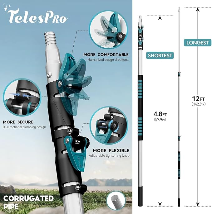 TelesPro 20 Foot High-Reach Duster Kit with 5-12FT Extendable Pole - High Ceiling Duster Cleaning Kit with Telescopic Pole,Cobweb Duster, Chenille Ceiling Fan Duster, Microfiber Feather Duster