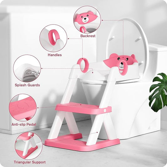 Potty Training Seat, Upgrade Toddler Toilet Seat for Kids Boys Girls, 2 in 1 Potty Training Toilet, Splash Guard Anti-Slip Pad Step Stool(Bright Pink)