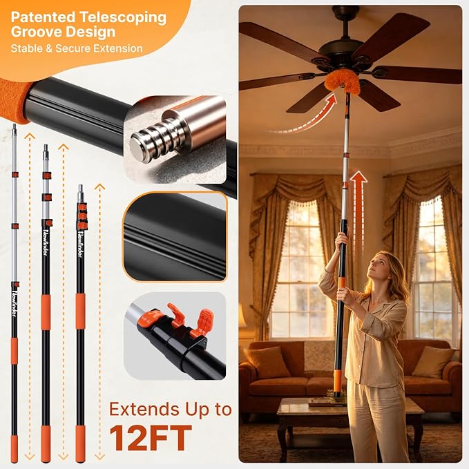 20ft High Ceiling Duster Kit, 4-12ft Heavy-Duty Extension Pole, Long Handle | Ceiling Fan Duster, Cobweb Duster, Microfiber Duster, Window Squeegee & Cleaner, Wall Duster for High Reach Cleaning, 11Pcs