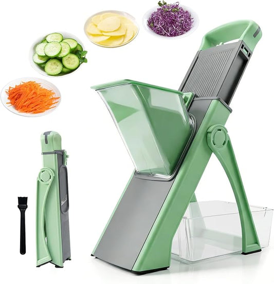 4-in-1 Safe Mandoline Slicer & Vegetable Chopper with 0.1-8mm Adjustable Thickness, Dicer, Julienne & French Fry Cutter Functions, Foldable Kitchen Gadget with Container (Green)