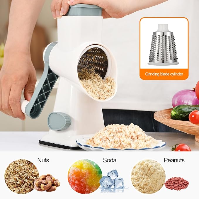 Rotary Cheese Grater Manual Hand Crank 3-in-1 Vegetable Shredder | Finger-safe design, stainless steel drums, suction base. Perfect for cheese, vegetables, nuts & chocolate. Easy to clean