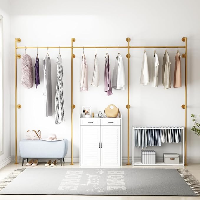 ORSENIGO Industrial Pipe Clothing Rack, Heavy Duty Clothes Rack for Hanging Clothes, Wall Mounted Display Garment Rack for Home Retail Boutique (Three, Gold)