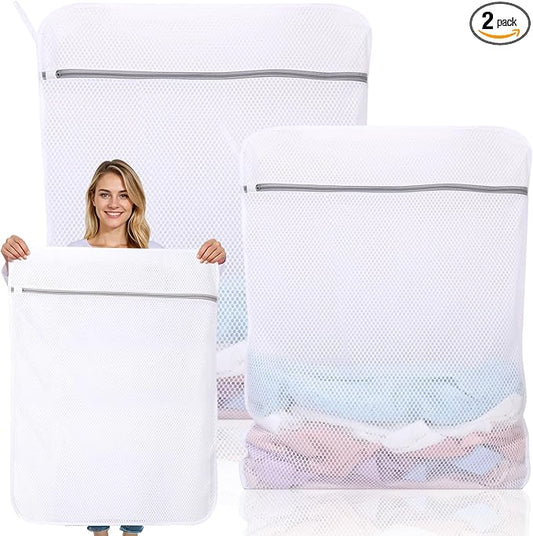 2 Pack Extra Large Mesh Laundry Bags for Delicates, 24x32In+35x43In | 120gsm Honeycomb Mesh, Protect Delicates, Sturdy Zipper, Reusable, Washer & Dryer Safe, For College, Dorm, Home and Travel