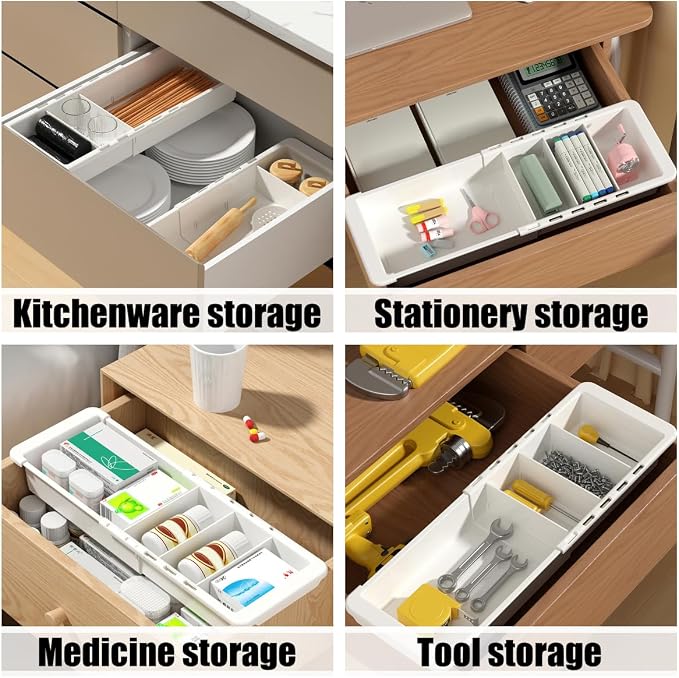 YOOUSOO Expandable Drawer Organizer, 2 PCS Adjustable Drawer Organizer Trays, Drawer Dividers Organizers and Storage For Office Supplies, Pens, Makeup,Utensils, Tools, Flatware and Junks, White | Drawer Dividers Organizers and Storage For Office Suppli...