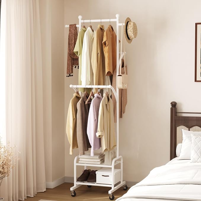 Rolling Clothes Rack with 2 Metal Shelves, 71" Portable Clothing Rack with Wheels, Small Garment Rack with 2 Side Hanging Rods, Freestanding Coat Rack for Laundry Room, Bedroom, White