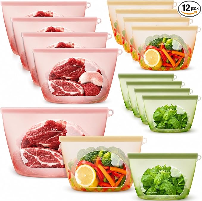 100% Reusable Silicone Bags for Food Storage, 12 Pack Double-Lock Reusable Bags Stand-Up Wide-Mouth Leakproof for Soup, Sous Vide, Freezer Microwave Dishwasher Safe, 4 Half Gallon 4 Sandwich 4 Snack