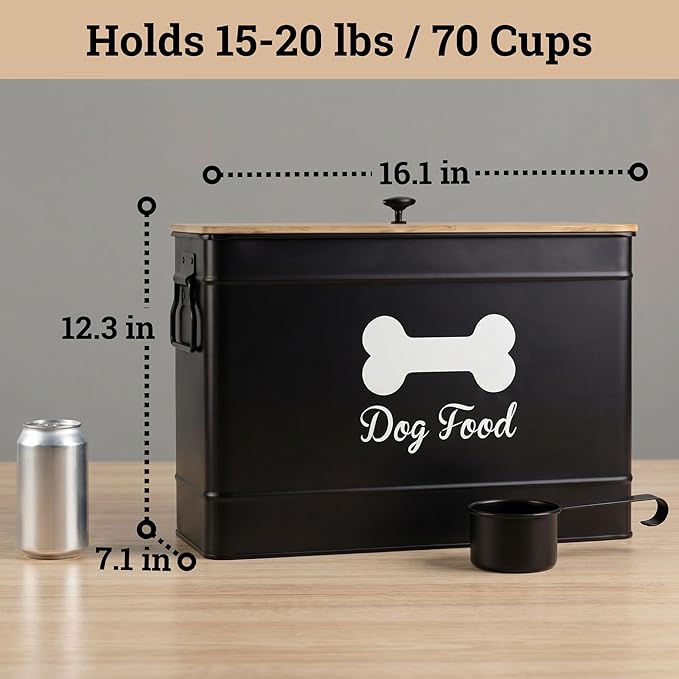 Dog Food Container Airtight Bamboo Lid 15-20 lb Sturdy Metal Handle 70 Cups | Pet Jar For Dogs up to 100lbs, Airtight Bamboo Lid, Sturdy Comfortable Metal Handle, Powder Coated Iron, Kibble Storage Bin