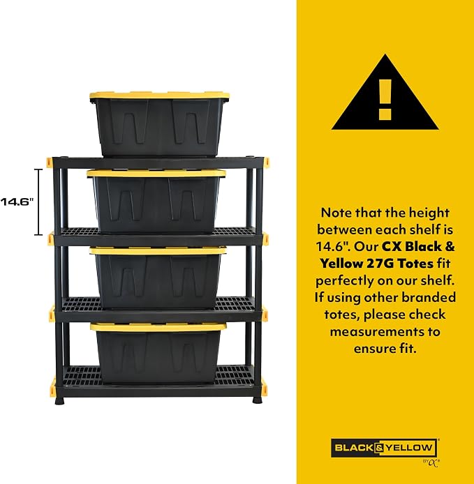 CX Black & Yellow, 4-Tier Heavy Duty Plastic Storage Shelves that Support up to 200lbs/shelf, Organization and Storage, Weather-Resistant Design, Easy Assembly (55" H x 48" W x 20" D) | Freestanding garage utility rack with easy assembly, 4 shelves at ...
