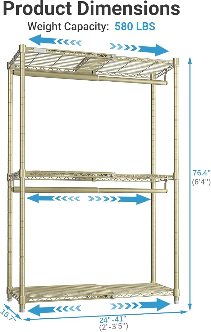 VIPEK X1 Expandable Clothes Rack Heavy Duty Adjustable from 2' to 3'5" with Adjustable Shelves and Hanger Rods, Reach-in & Walk-in Closets Metal Garment Racks Portable Closet, Gold