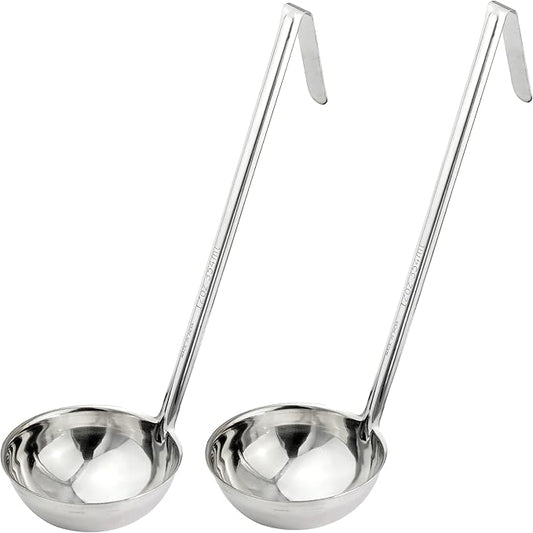 Fit Meal Prep Stainless Steel Soup Ladle - One-Piece Sauce Spatula with Hook Handles, Commercial Grade Serving Spoon, Kitchen Tool for Restaurant or Home Cooking, 14.75” Long - [Pack of 2] 12 Oz