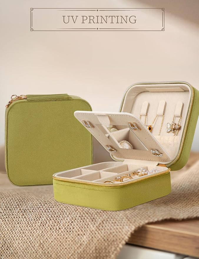 MFXIP Plush Velvet Travel Jewelry Case Small Jewelry Box Jewelry Organizer Storage Case Portable Jewelry Travel Case for Girls Womens Earring, Necklace, Rings,Bracelets with Mirror