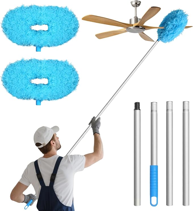 Eunice 13-50 Inches Ceiling Fan Duster with Extension Pole | Extendable Microfiber Cleaning Brush for High Ceiling,Blades,Cobwebs,Adjustable Dusting Tool for Window,Door(2 Dusters Blue)