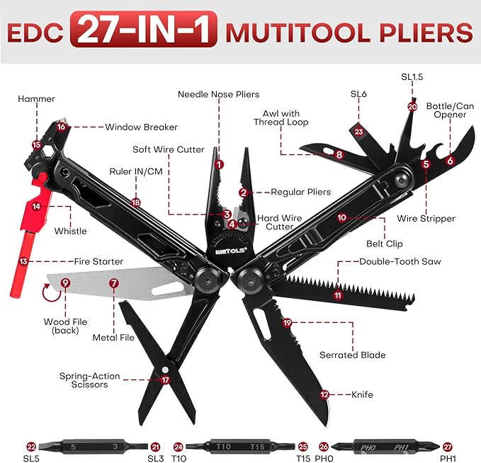WETOLS Multitool with Pocket Knife, Stainless Steel Needle Nose Pliers | 27-in-1 Multi Tool with Screwdrivers, Self-locking EDC Gear with Sheath, Ideal for Survival, Outdoor, Camping