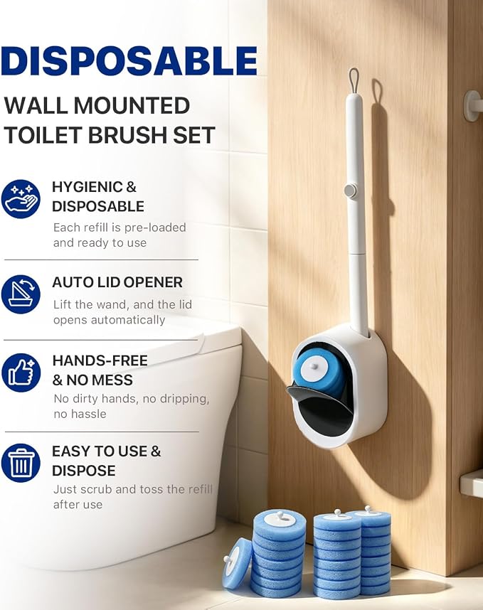 SOPAMI Disposable Toilet Brush and Holder Set with 16 Refills for Bathroom | Disposable Toilet Cleaning System,Toilet Wand Kit,Wall-Mounted or Floor-Standing Holder Toilet Cleaning Stick Touch Free